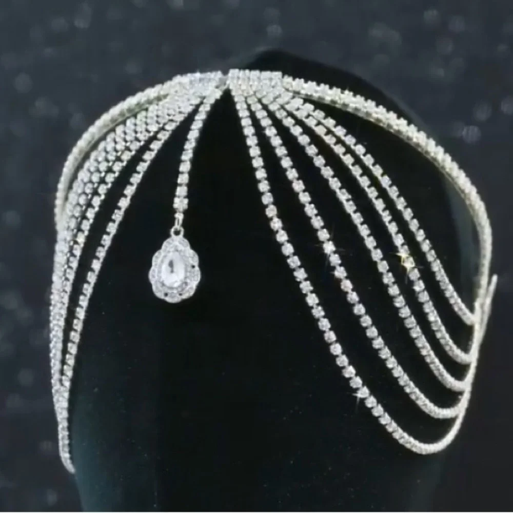 Bridal Layered Rhinestone Headband Tassel Crystal Hair Band Sparkly Hair Jewelry